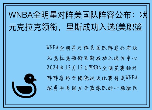 WNBA全明星对阵美国队阵容公布:状元克拉克领衔,里斯成功入选(美职篮全明星投票)