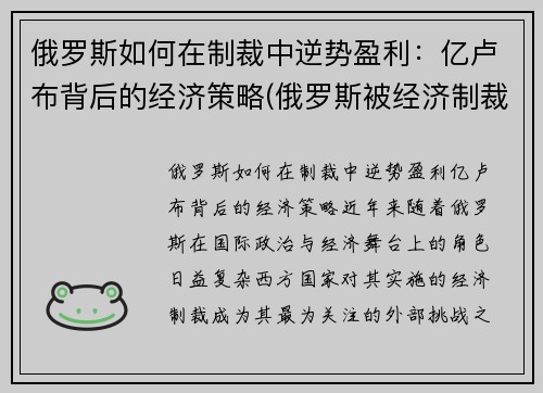 俄罗斯如何在制裁中逆势盈利:亿卢布背后的经济策略(俄罗斯被经济制裁怎样走出困境的)